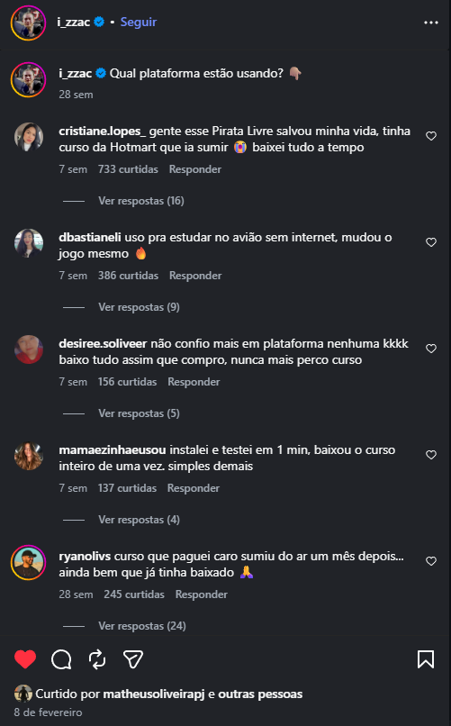Depoimento sobre o Pirata Livre no Instagram
